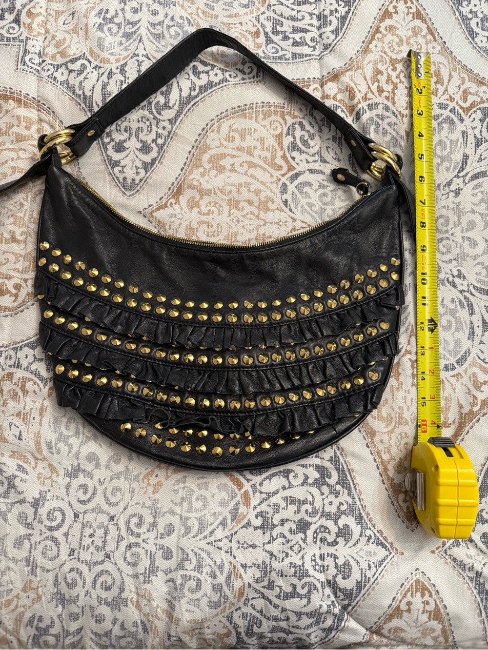 Betsey Johnson Black Ruffle Shoulder Bag with Gold Studs